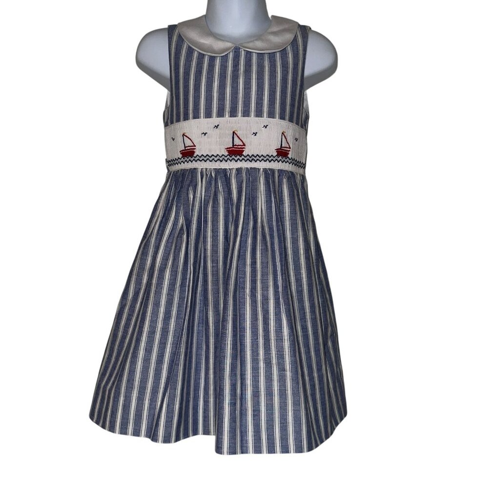 Vintage Vive La Fete Sailor Dress Toddler Girls 4T Smocked Sailboat Sleeveless